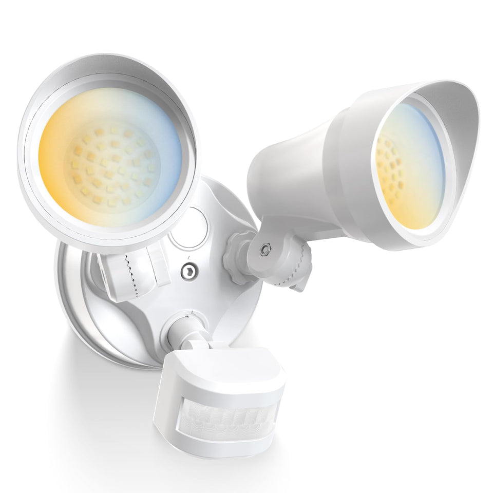 ALUSSO motion sensor flood light front view with dual heads for broad coverage.