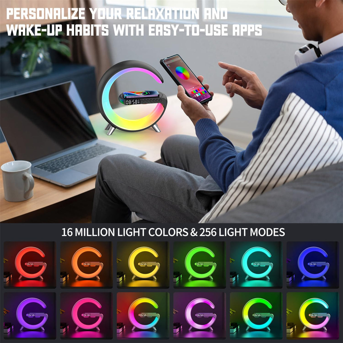 ALYNIC lamp shows color options and light modes for mood lighting.