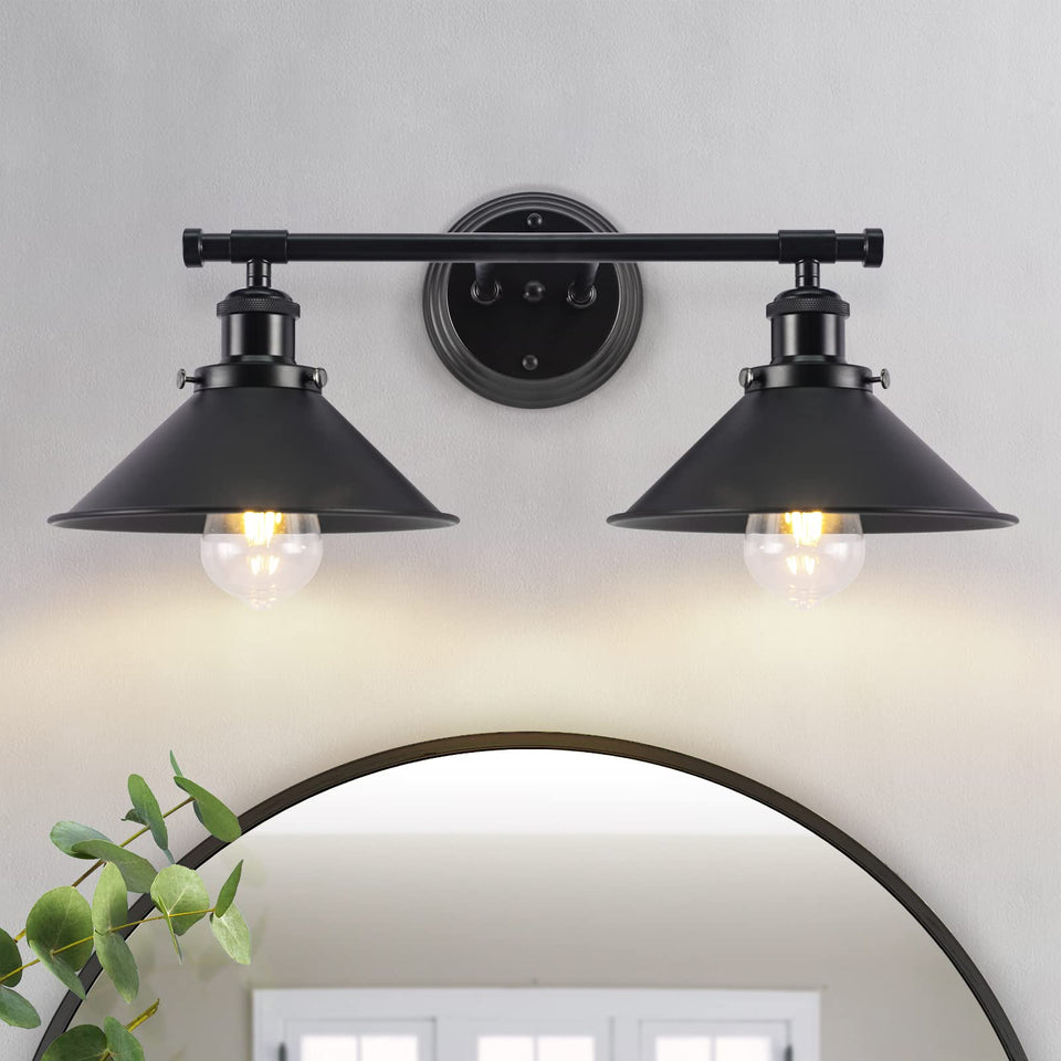Alynzee vanity light 20-inch two-light matte black over mirror for clear makeup tasks.