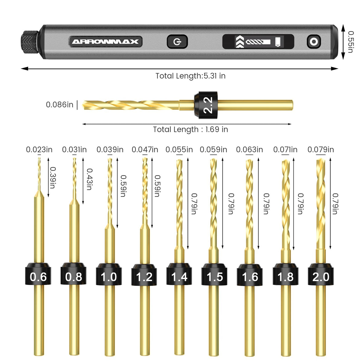 AM ARROWMAX mini drill pen OLED display showing current speed