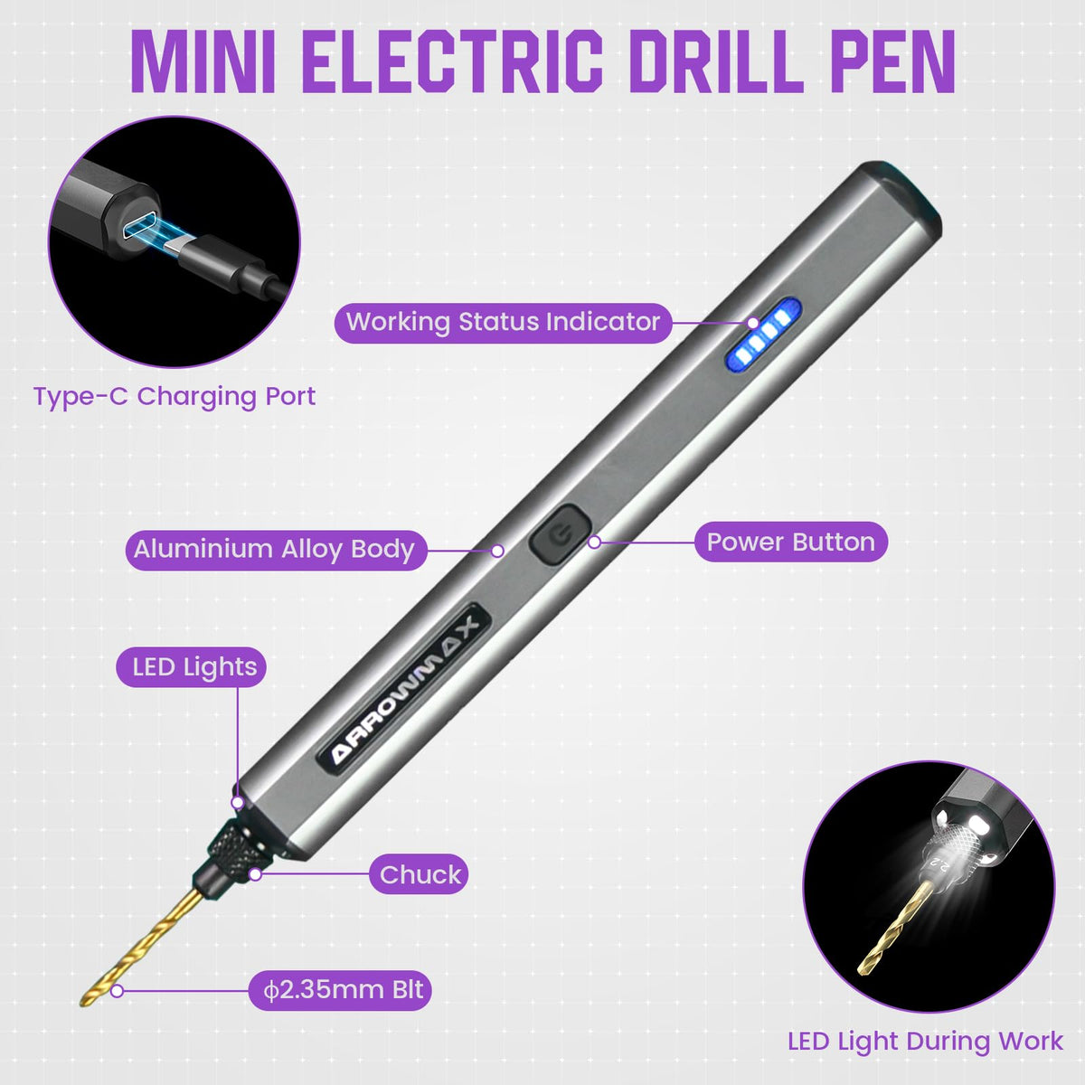 AM ARROWMAX drill pen battery indicator shows remaining power for planning projects.
