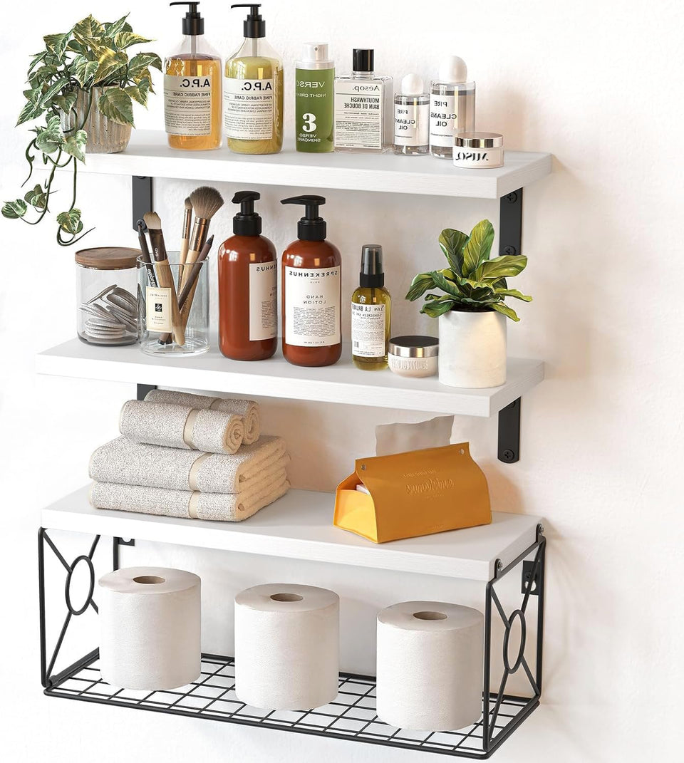 AMADA bathroom shelves over toilet with wood basket for organized bathroom storage