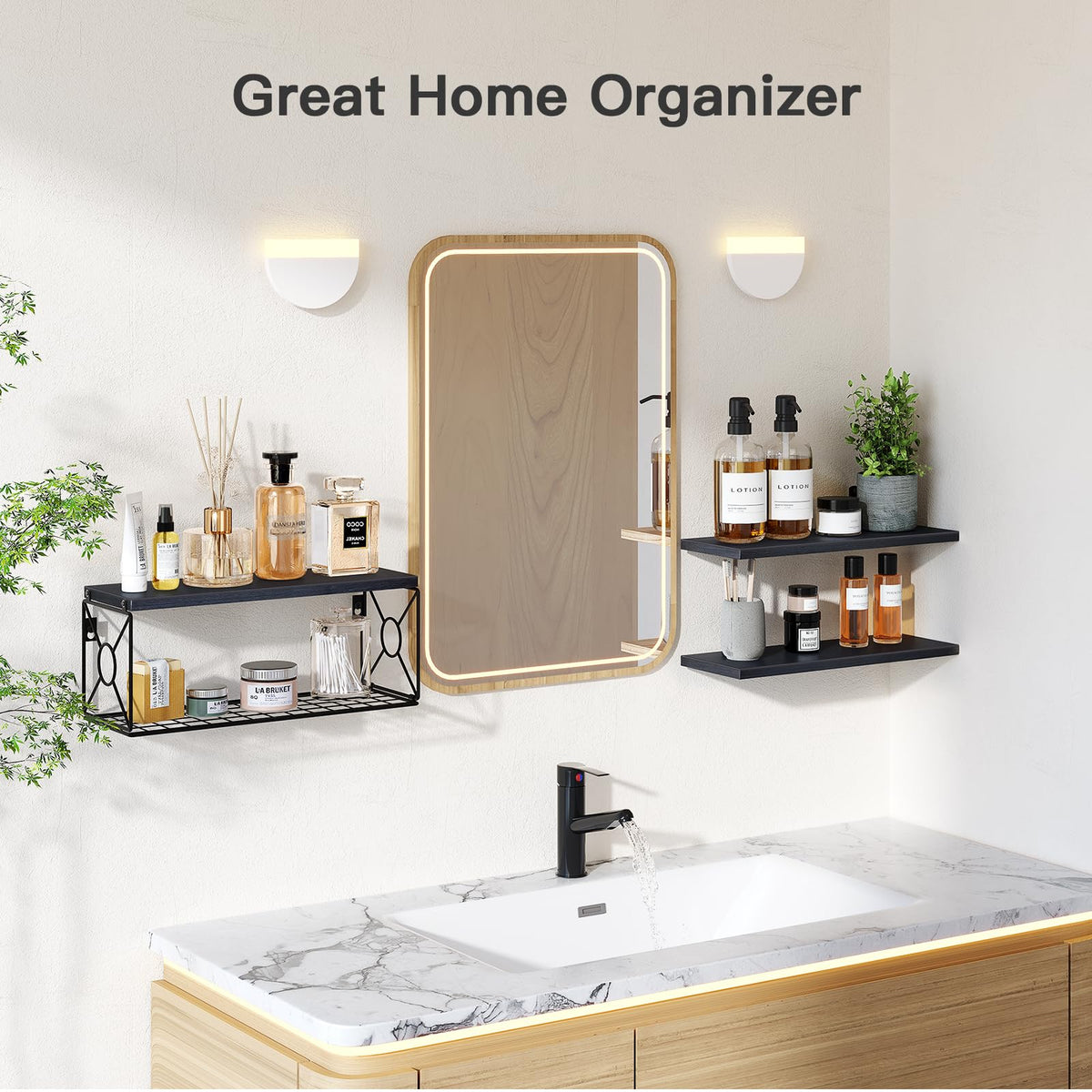 AMADA HOMEFURNISHING wall-mounted shelves with basket ideal for towels and toiletries.