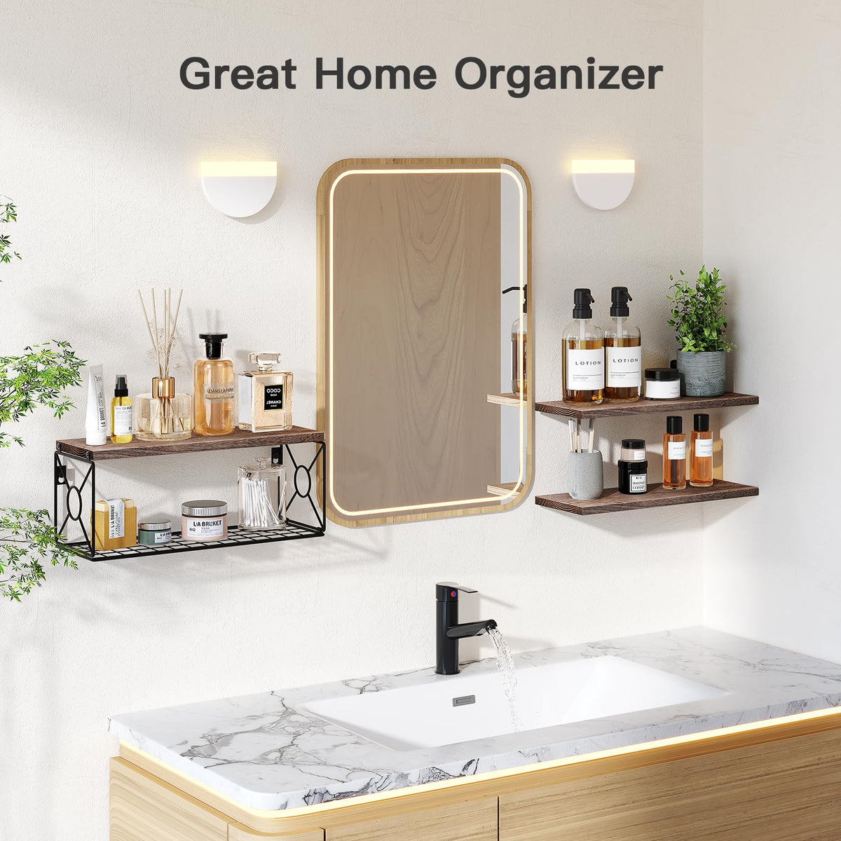 AMADA wall shelf with storage basket keeps toiletries neatly organized and within reach