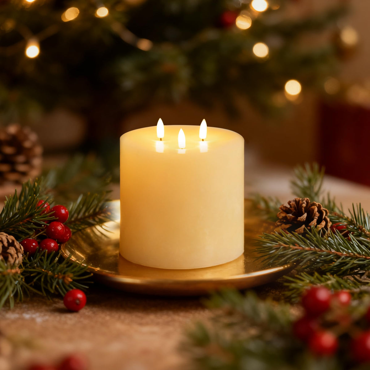 Amagic 3-wick LED candle close-up shows layered flame-like effect for cozy ambience.