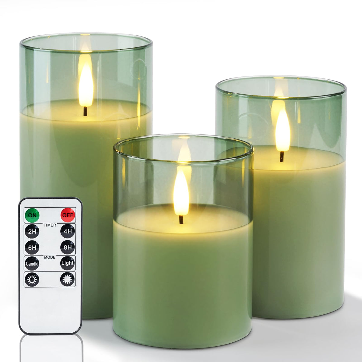 Amagic green glass flameless candle with remote for easy control