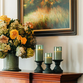 Amagic real-wax ribbed glass candle adds warm ambiance