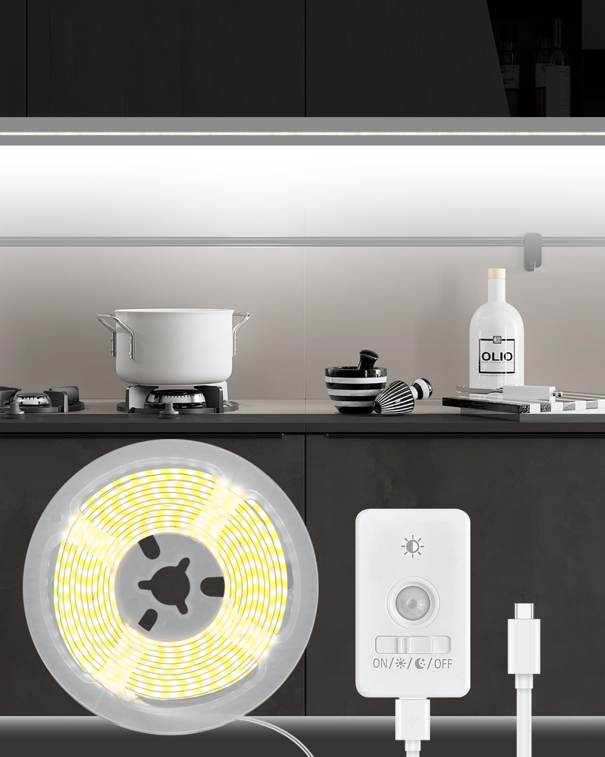 Amagle cuttable, flexible COB strip fits around corners for seamless lighting.