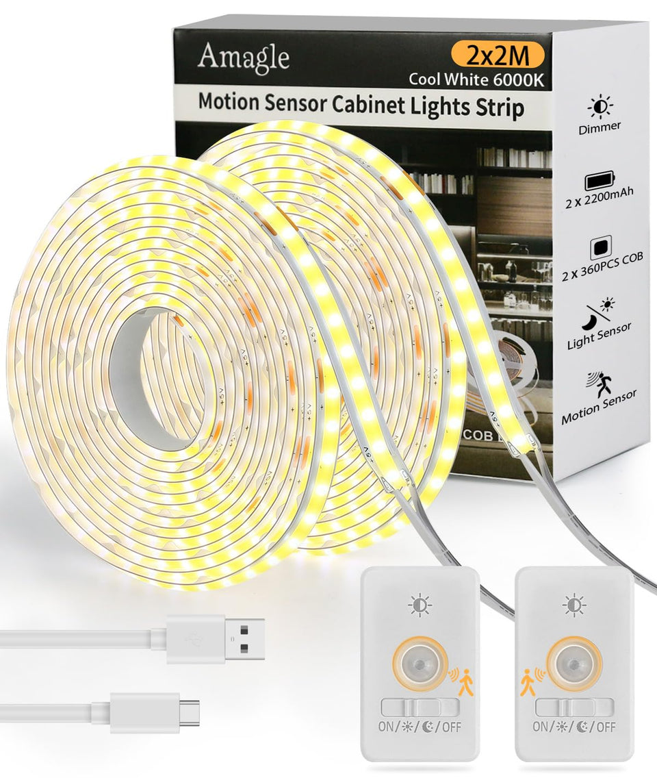 Amagle rechargeable motion sensor COB LED strip two-pack provides bright, even cabinet lighting.