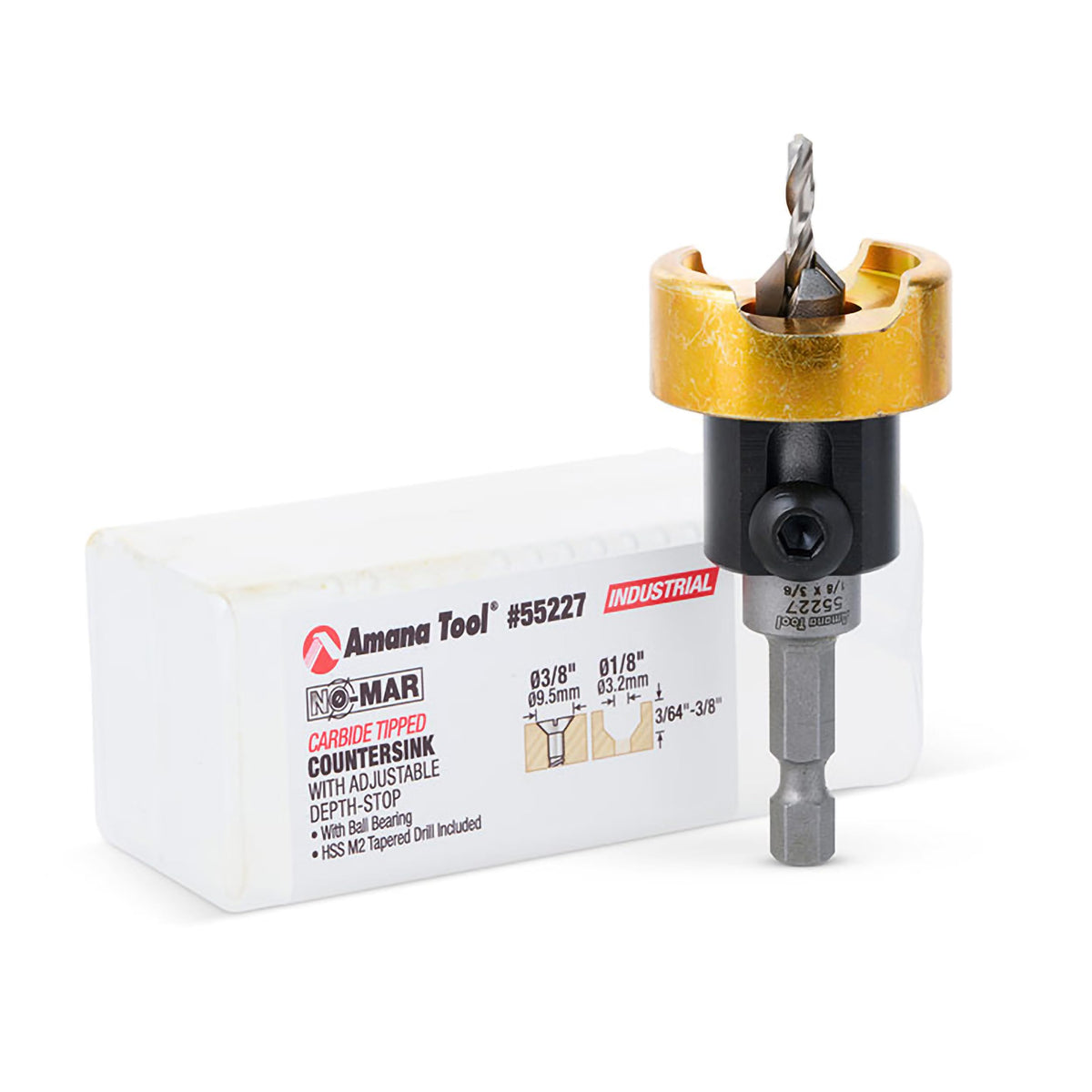 Amana Tool 55227 countersink set with adjustable depth stop for clean countersinks.