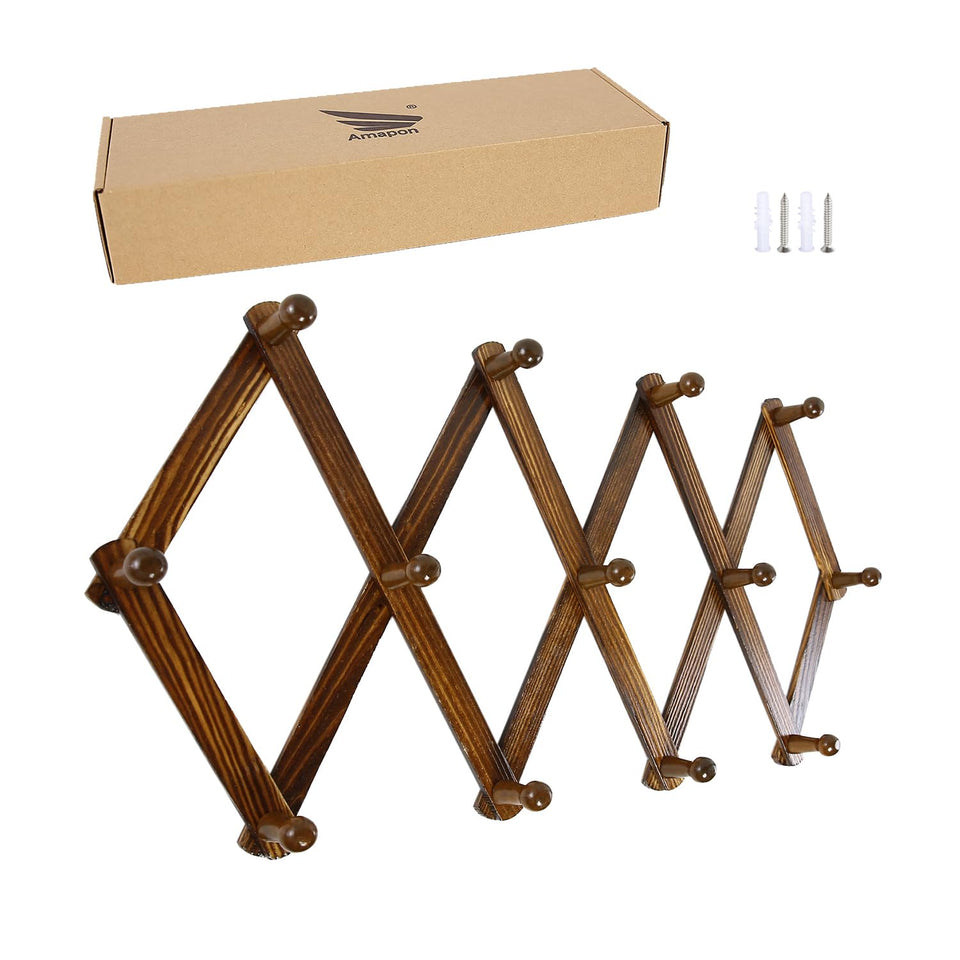 AMAPON accordion coat rack wall mounted with 13 hooks in walnut finish for organized entryway