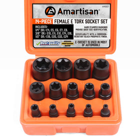 Amartisan E-Torx socket set on rail, easy access and tidy storage.