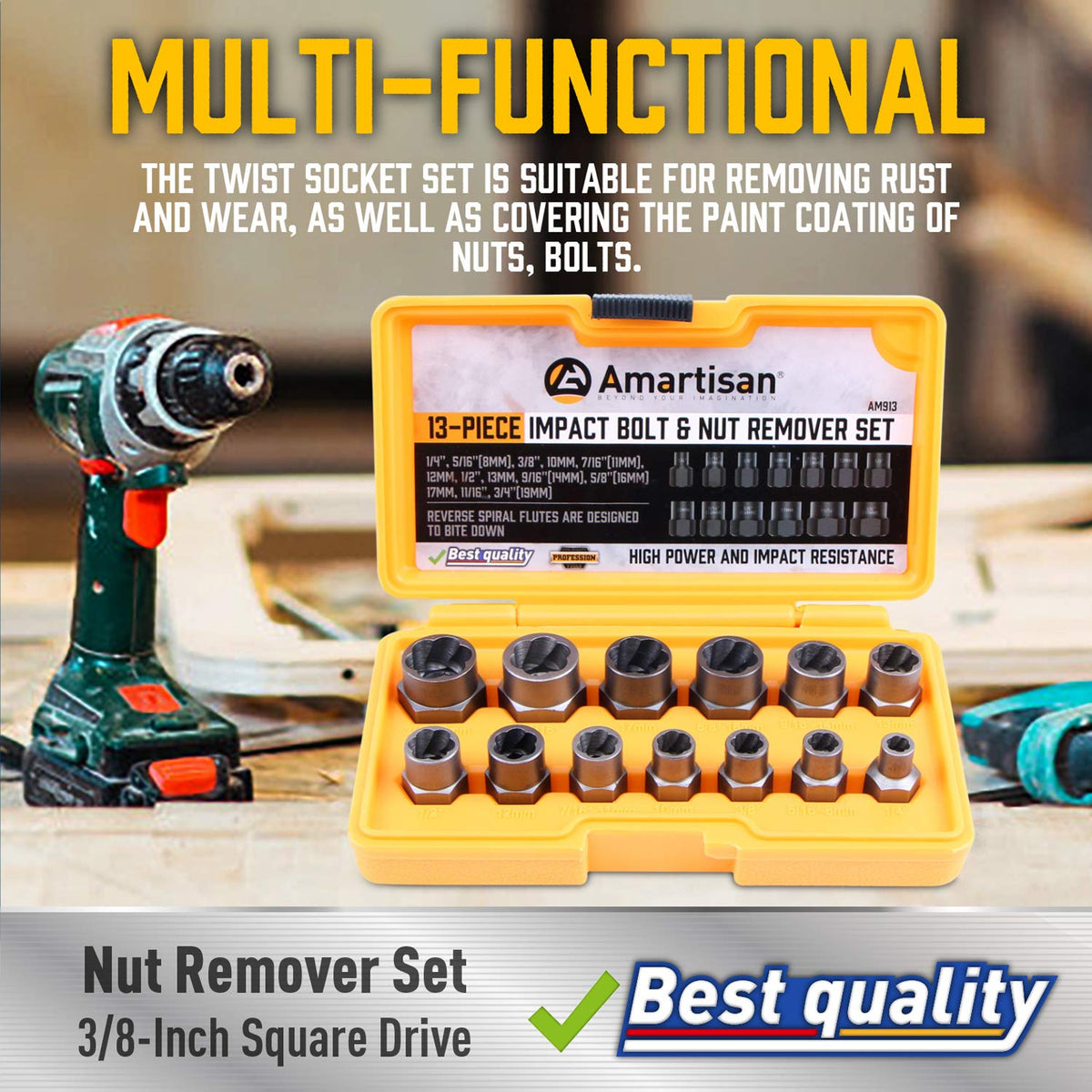 Amartisan bolt extractor with 3/8 drive in use with a ratchet.