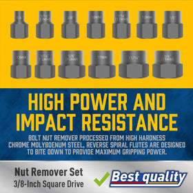 Amartisan bolt extractor set showing metric and SAE sizes for versatile removal tasks.