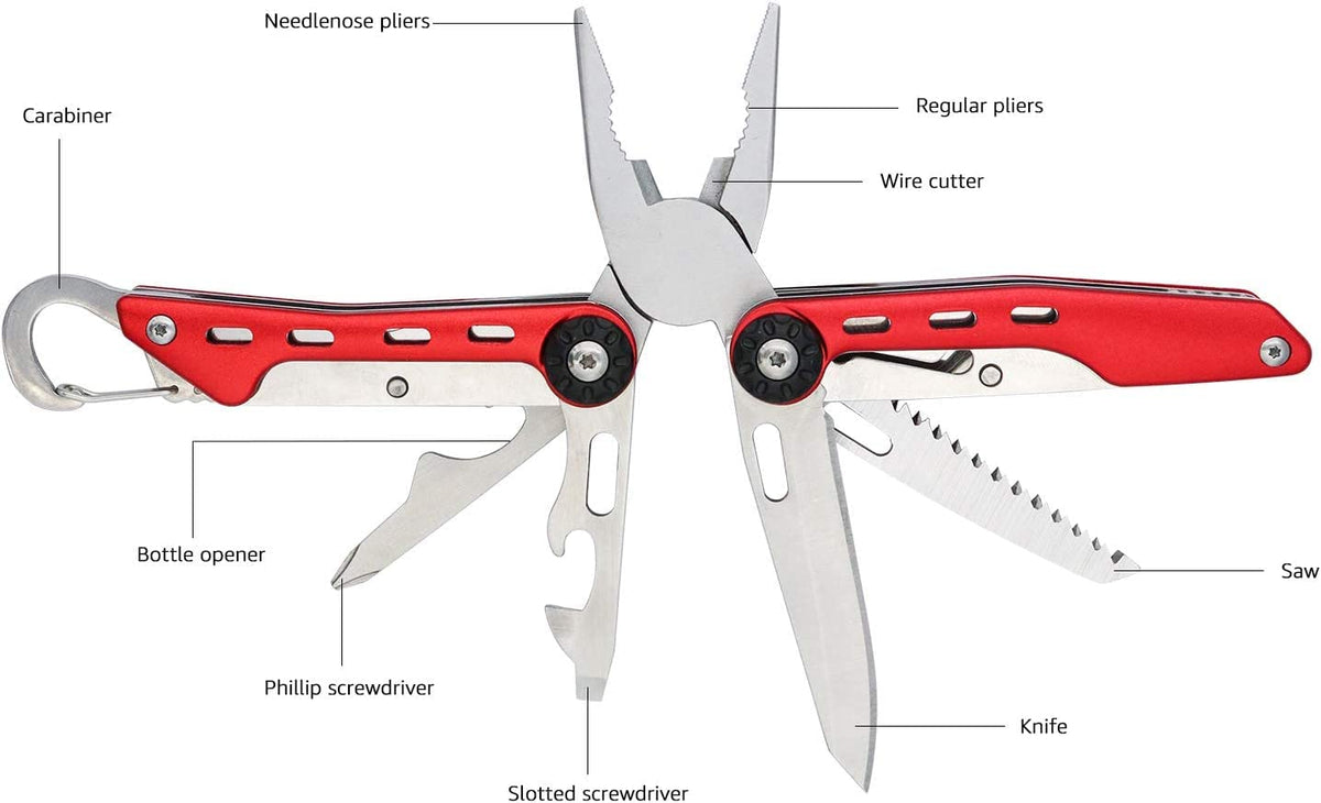 Amazon Basics 10-in-1 multitool nylon sheath for organized carry on hikes.
