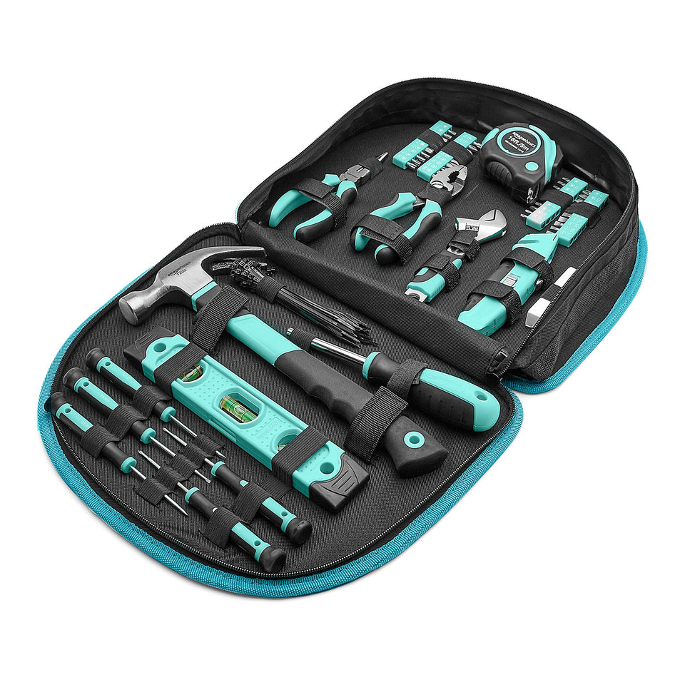 Amazon Basics 104-piece tool set with hammer and level for quick home repairs.