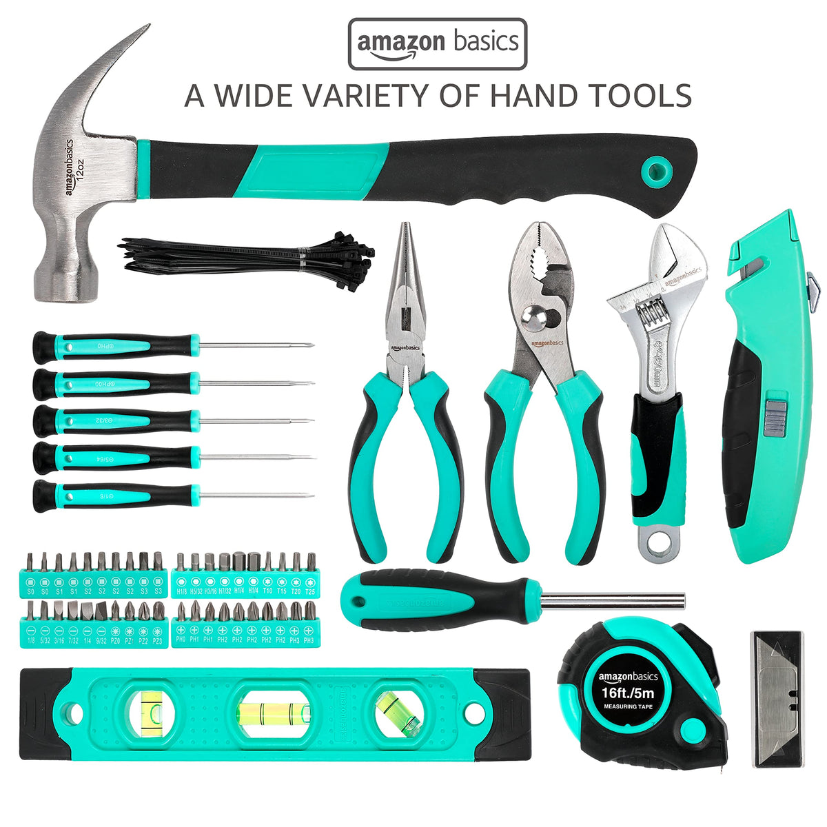 Amazon Basics 104-piece kit featuring wrenches and bits for versatile tasks.
