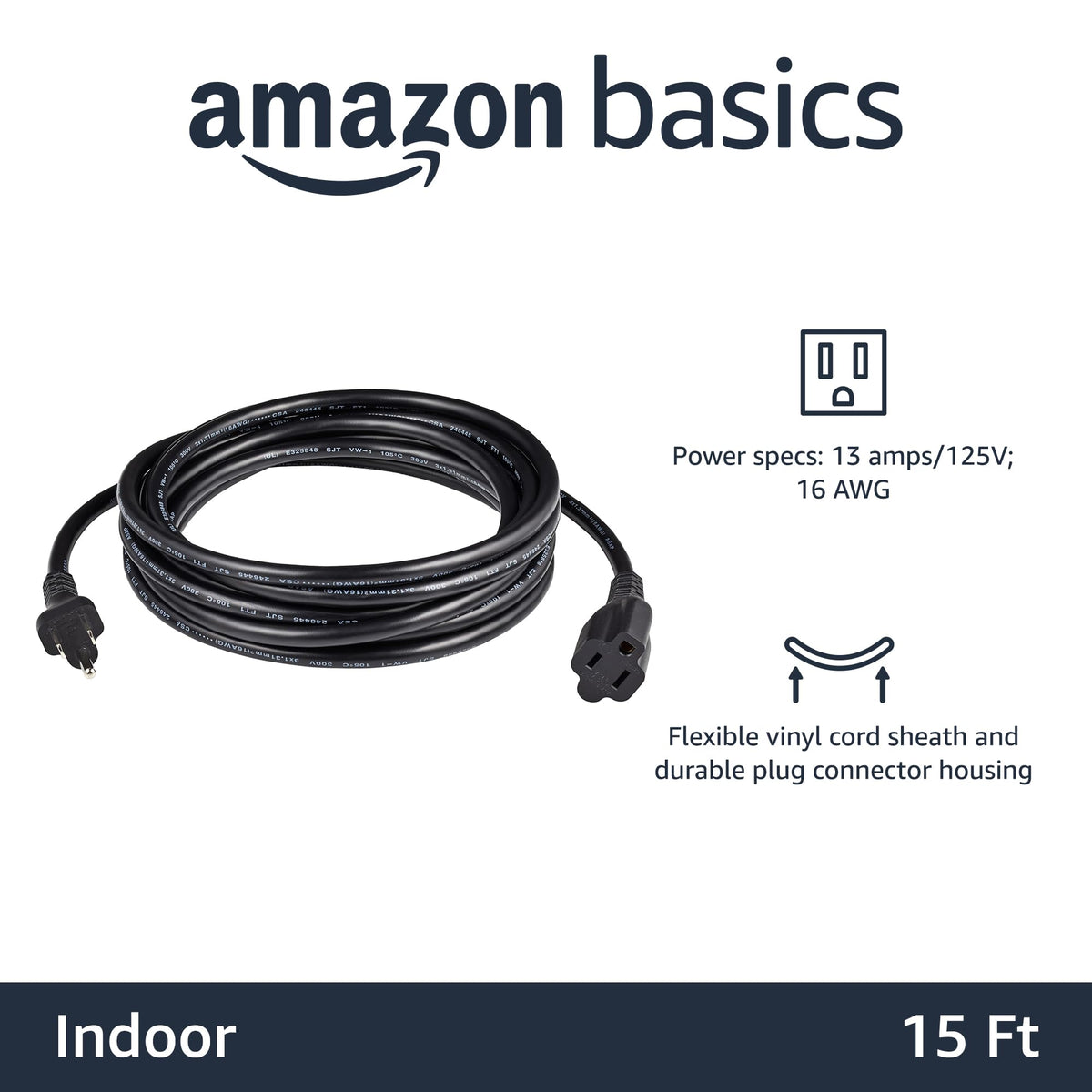 Amazon Basics 13A 125V 16 AWG cord for indoor devices.