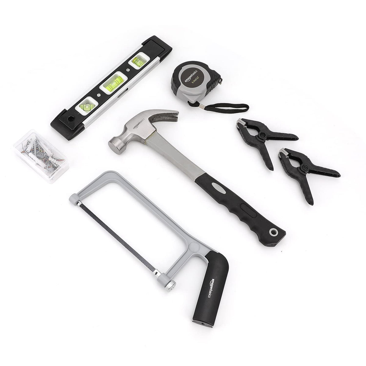 Amazon Basics measuring tools and level for precise alignment.