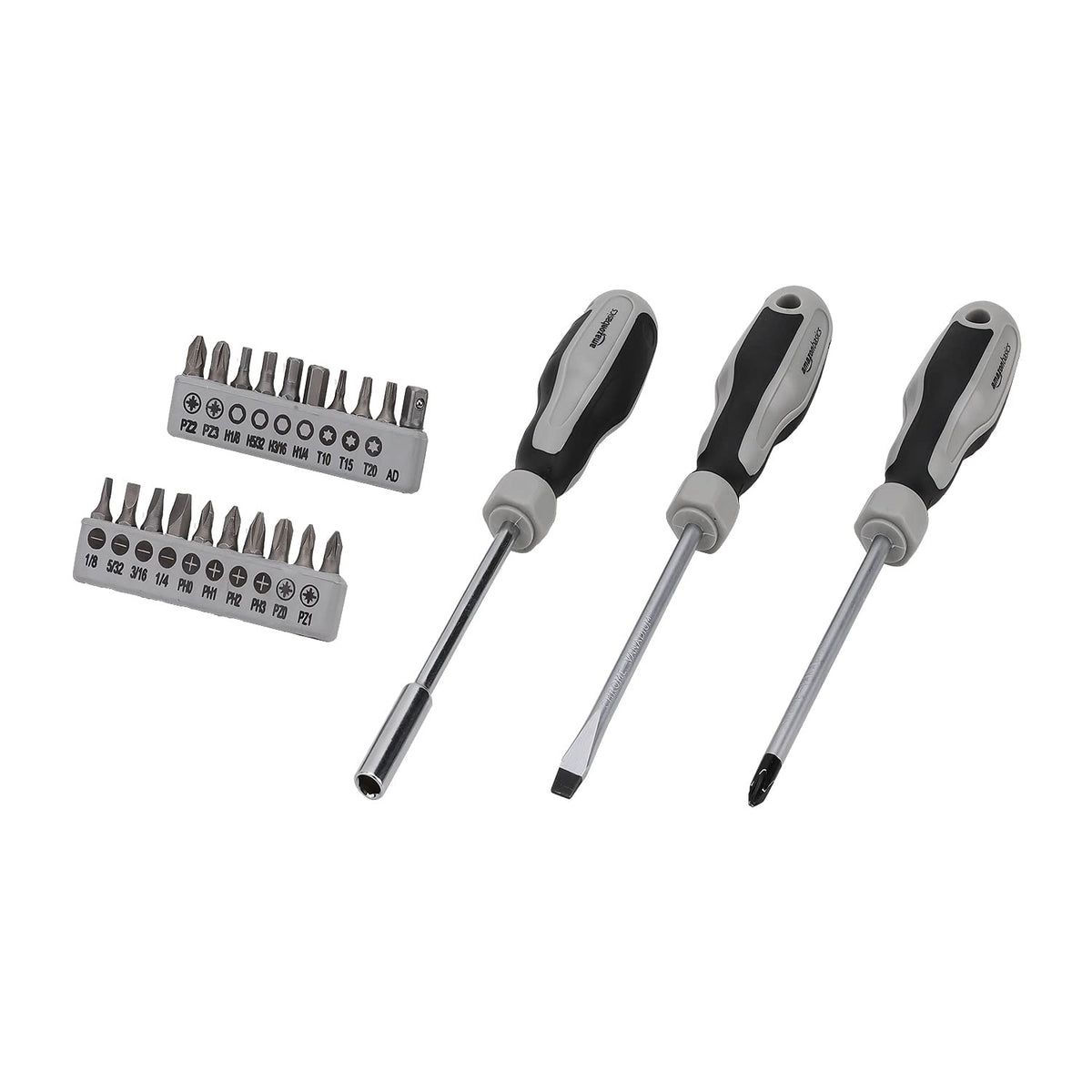 Amazon Basics screwdrivers and utility cutter for quick tasks.