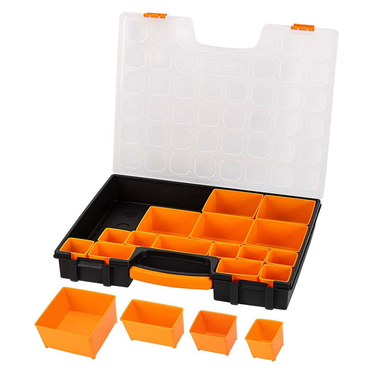 Amazon Basics organizer shows customizable compartments for varied small parts.