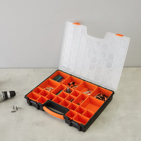 Amazon Basics organizer lid with heavy-duty latches ensures secure closure during transport.