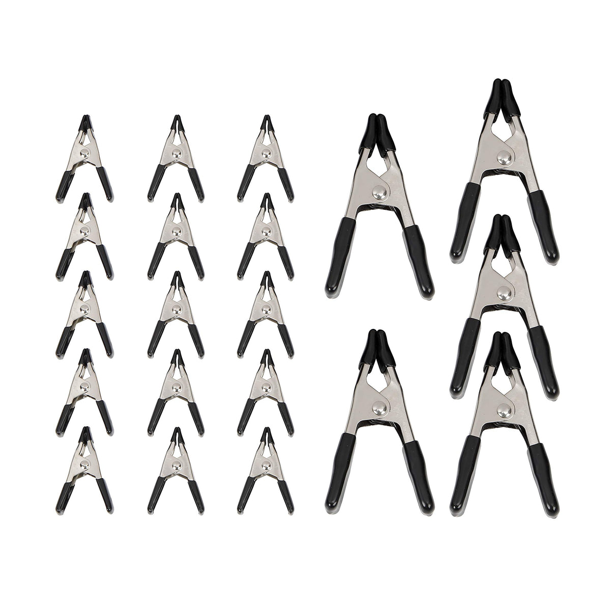 Amazon Basics 20-piece steel spring clamp set on workbench for versatile securing.