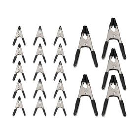 Amazon Basics 20-piece steel spring clamp set on workbench for versatile securing.