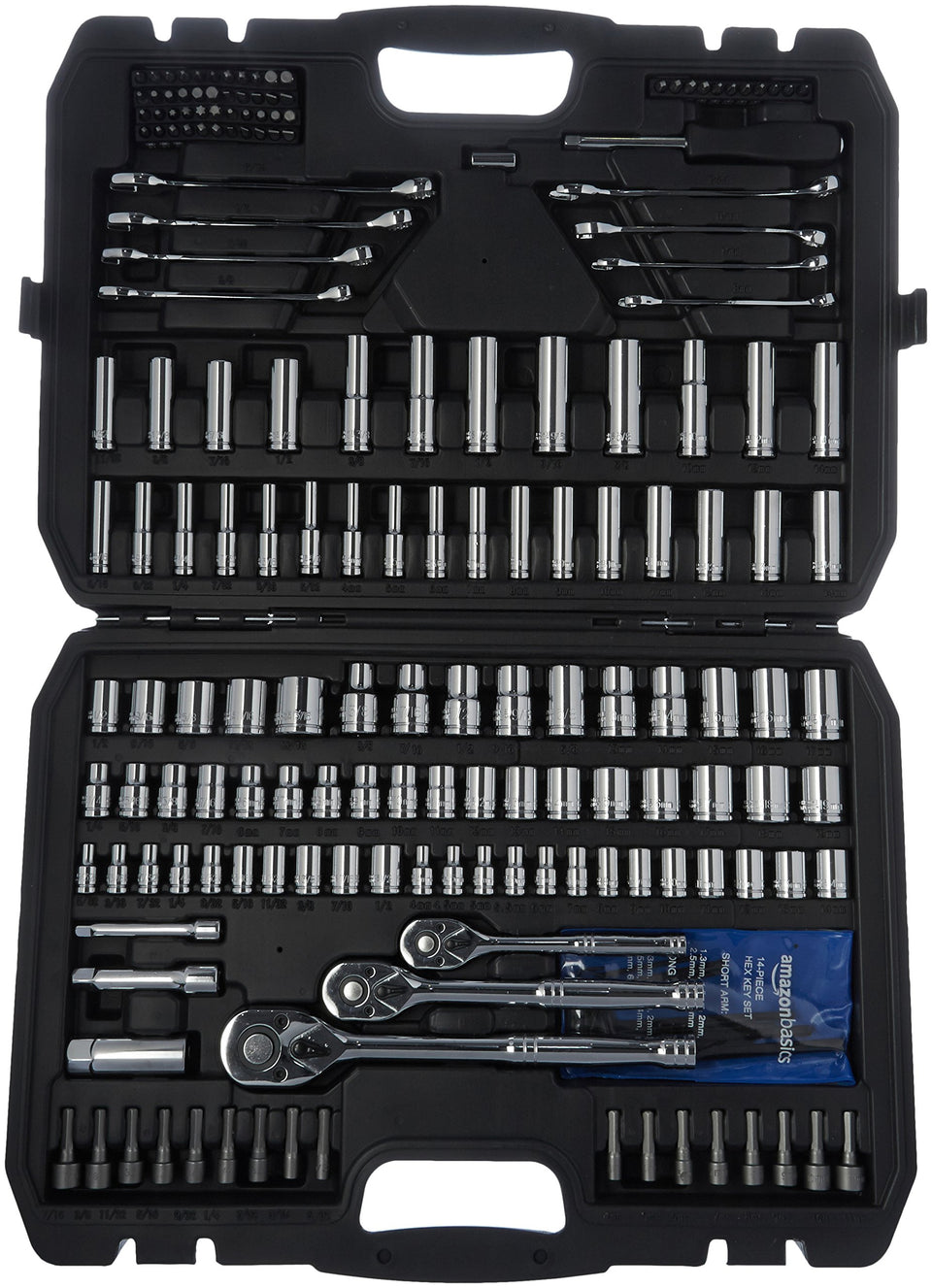 Amazon Basics 201-piece mechanic socket tool set case keeps tools organized and portable.