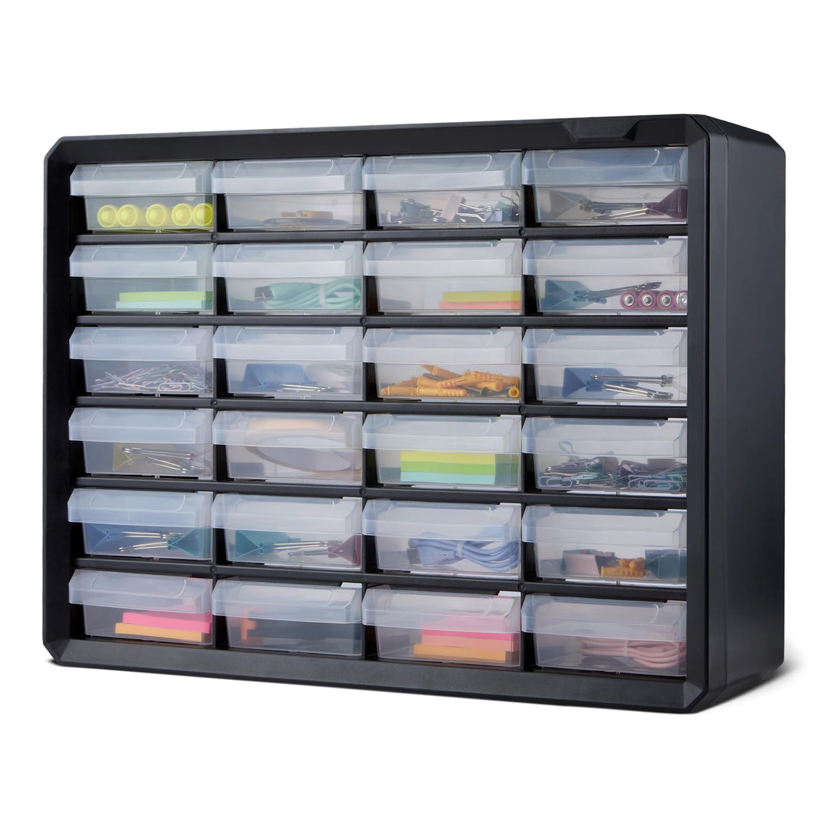Amazon Basics 24-drawer storage organizer with removable dividers for customized compartments.