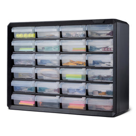 Amazon Basics 24-drawer storage organizer with removable dividers for customized compartments.