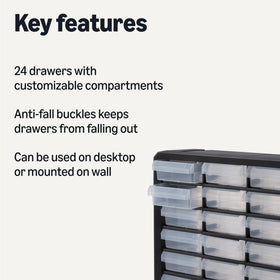 Amazon Basics organizer featuring secure anti-fall latches for reliable desktop use.