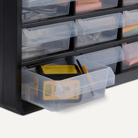 Amazon Basics wall-mountable storage unit with pre-drilled holes for easy installation.