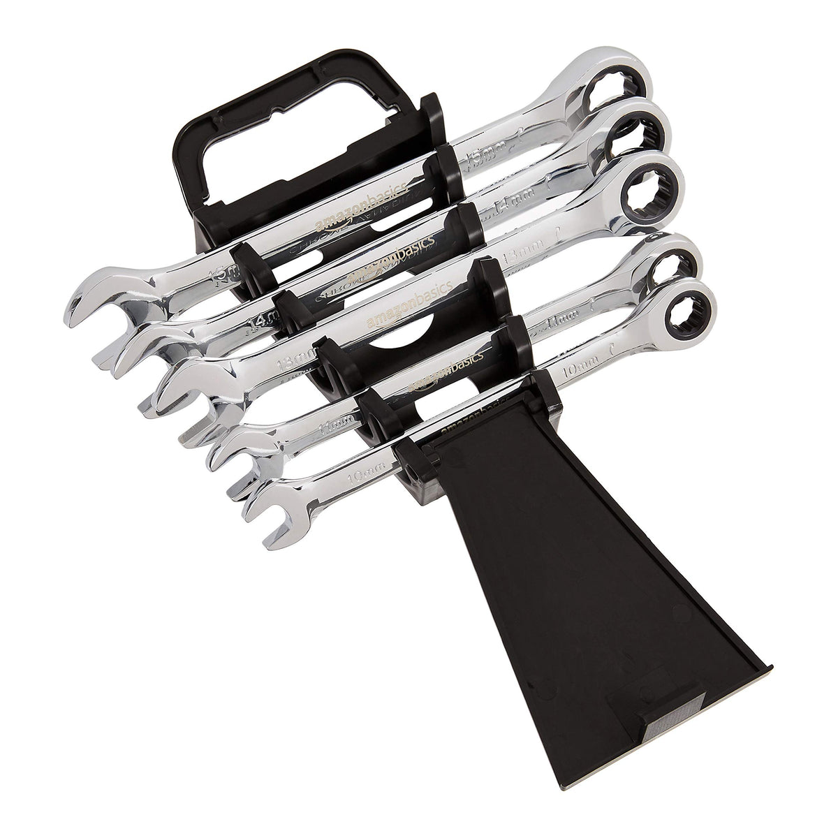 Amazon Basics ratcheting wrenches arranged by size highlighting precise gear movement