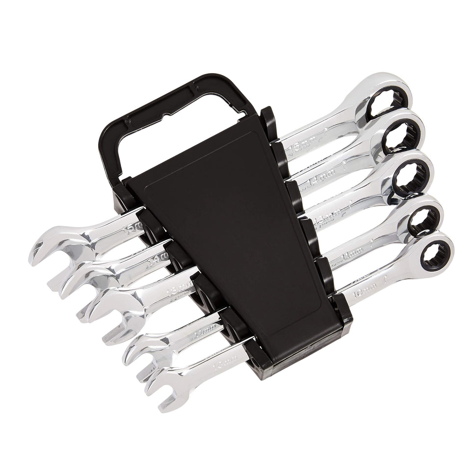 Amazon Basics 5-piece ratcheting wrench set close-up showing durable chrome finish for torque
