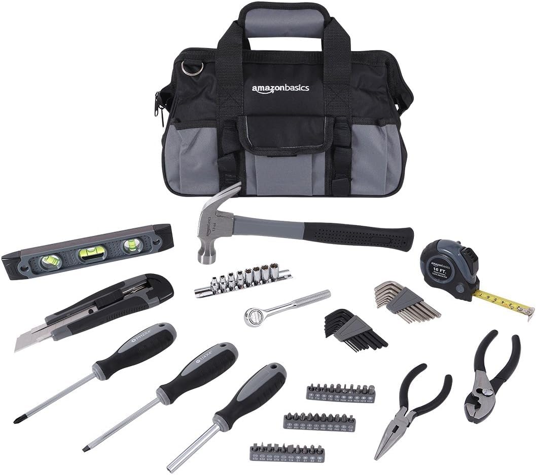Amazon Basics 65-piece tool kit with carrying bag for organized DIY tasks.