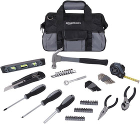 Amazon Basics 65-piece tool kit with carrying bag for organized DIY tasks.