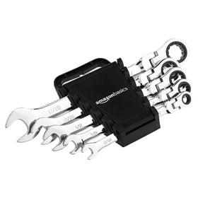 Amazon Basics 72-tooth ratcheting wrench set closeup showing precise gearing for tight spaces.