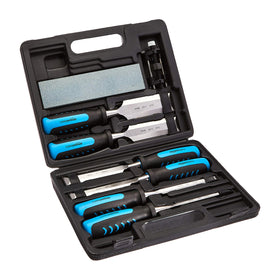 Amazon Basics 8-piece wood chisel set laid out with honing guide for precise carving