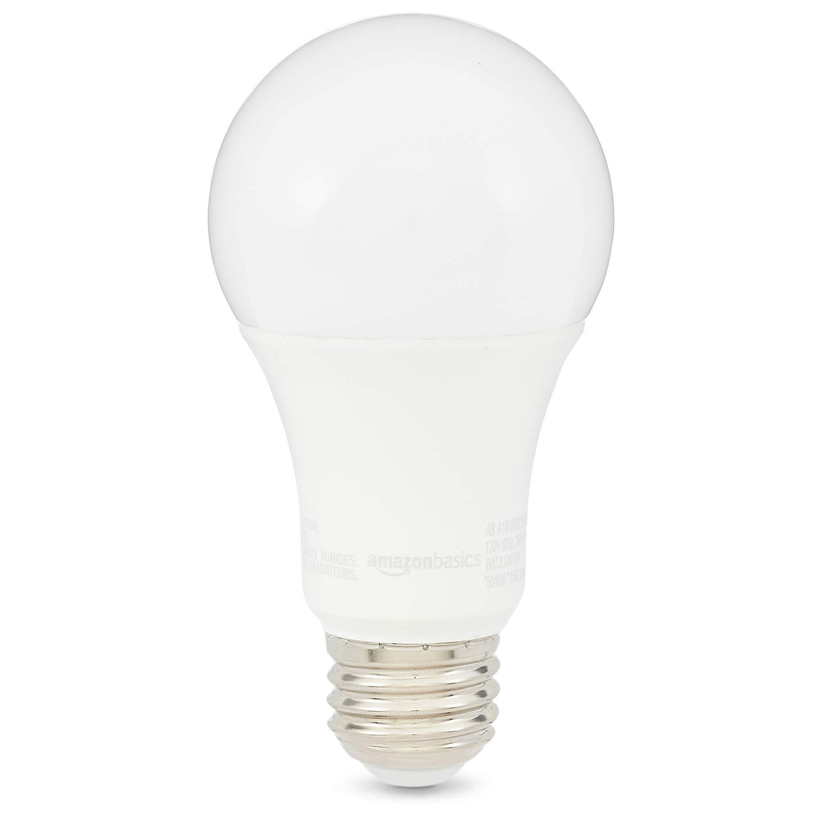 Amazon Basics A19 LED bulb with E26 base fits most fixtures for easy upgrades.