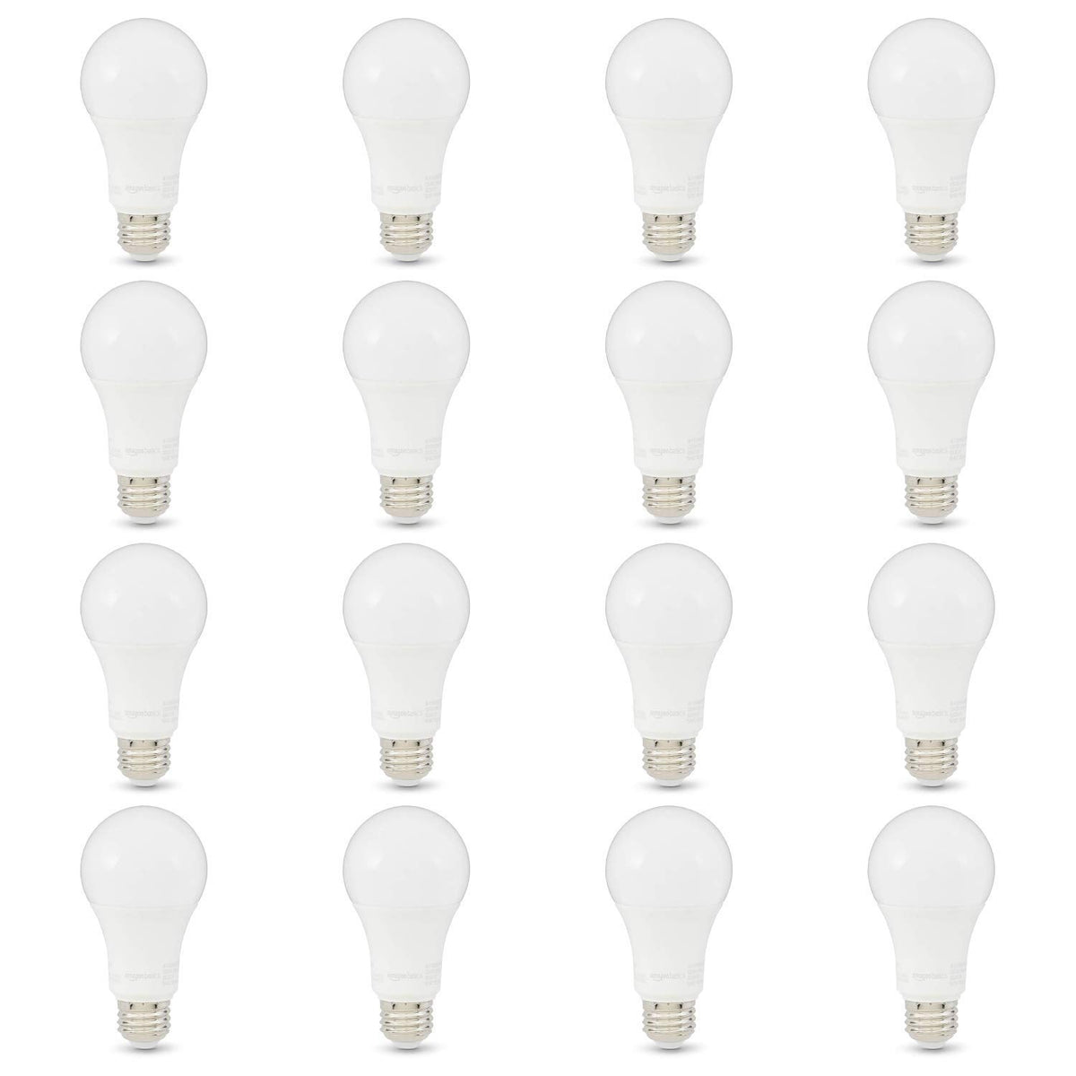 Amazon Basics A19 LED bulb pack front view demonstrates energy efficient brightness