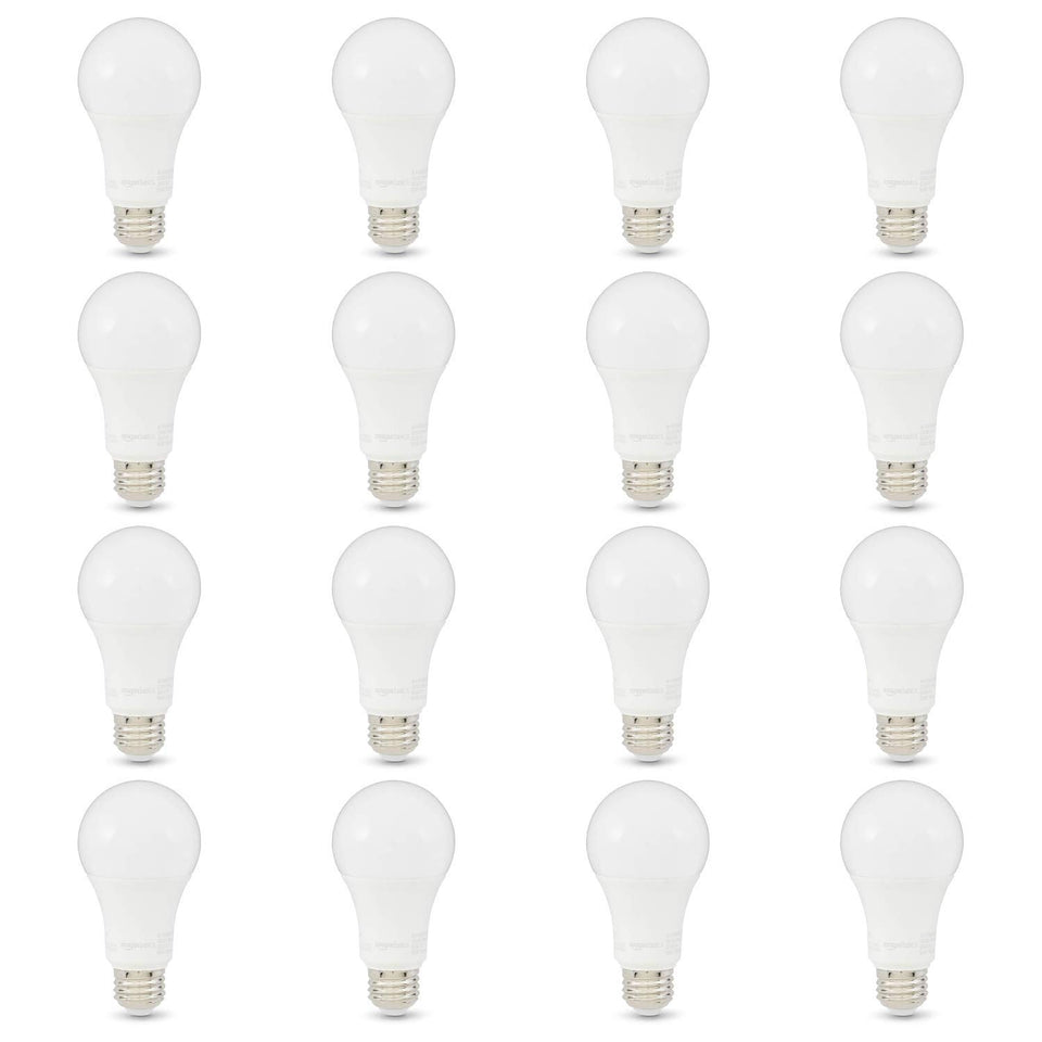 Amazon Basics A19 LED bulb pack front view demonstrates energy efficient brightness