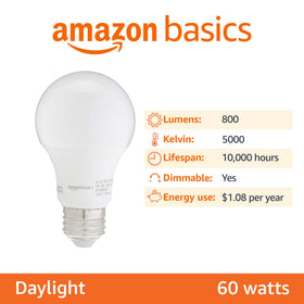 Amazon Basics A19 LED bulbs dimmable for mood and task lighting.