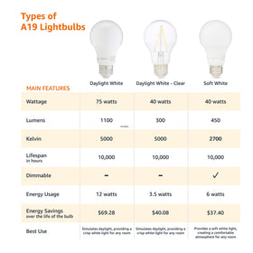 Amazon Basics A19 LED bulbs with E26 base fit most fixtures.