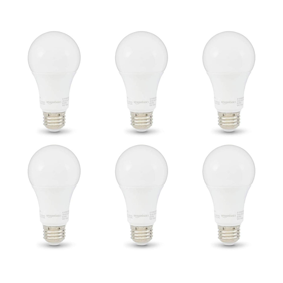 Amazon Basics A19 LED bulbs in six-pack packaging for easy replacement