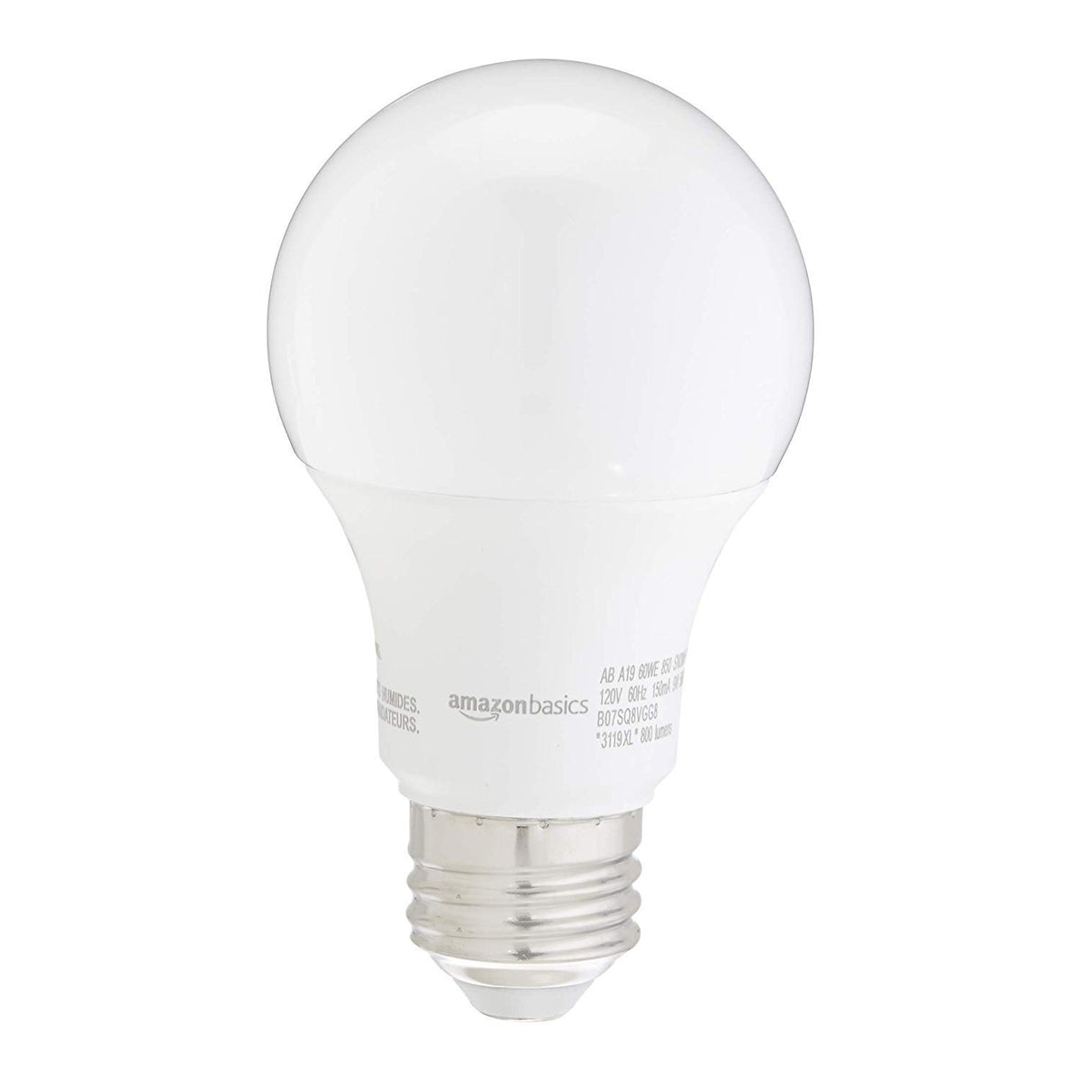 Amazon Basics A19 LED bulb in a lamp shows easy installation and broad compatibility.