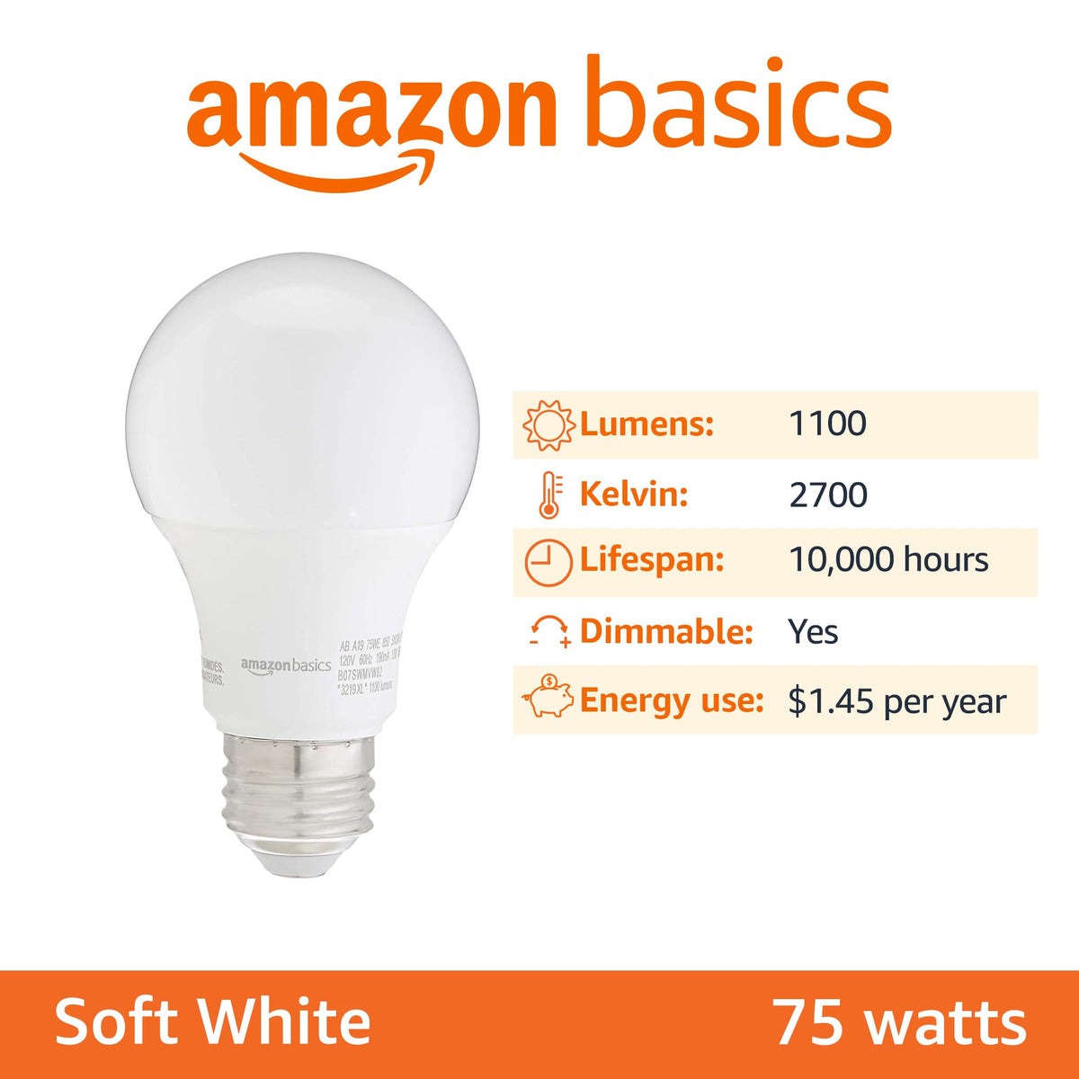 Amazon Basics A19 LED soft white 2700K creates a cozy ambiance.