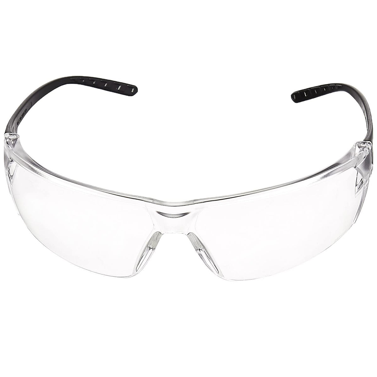 Amazon Basics anti-fog safety glasses lens closeup reveals scratch-resistant polycarbonate lenses
