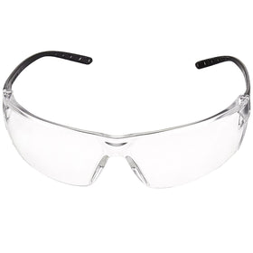 Amazon Basics anti-fog safety glasses lens closeup reveals scratch-resistant polycarbonate lenses