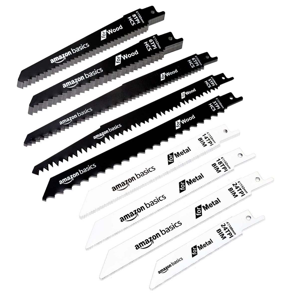 Amazon Basics bi-metal M2 and CRV blades for durable, versatile cuts.